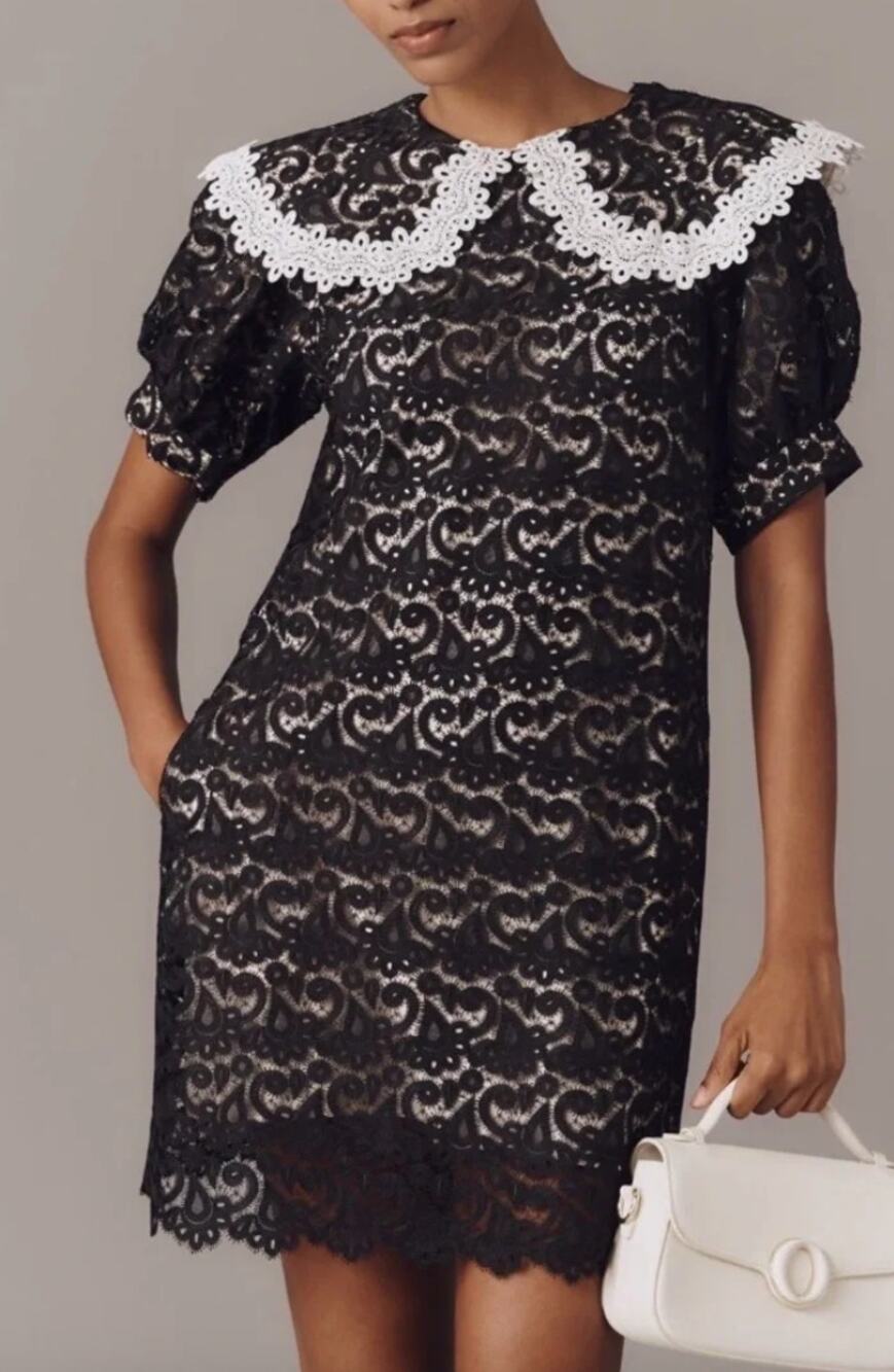 Maeve Peter Pan Wide Collared Lace Overlay Puff Sleeve Mini Dress Medium NWT